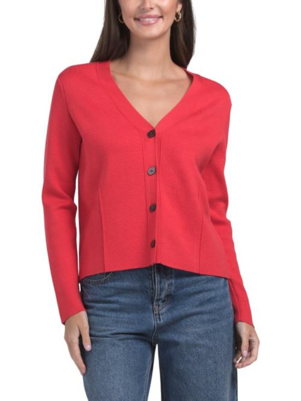 METRIC KNITS V-neck Long Sleeve Cardigan With Pleat Detail